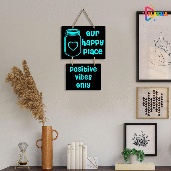 Playzia “Our Happy Place” Wooden Wall Hanging | Wall Decoration Items for Living Room | Decorative Wall Plates for Home | Positive Home Décor Wall Hangings – Set of 2 (46 × 26 cm)