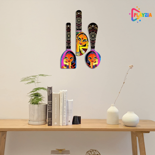 Playzia “Madhubani Art Spoon Set” Wooden Wall Hangings | Traditional Indian Folk Decorative Wall Art for Living Room & Bedroom | Artistic Wall Decoration Panels | Set of 3 (51 × 38 cm)