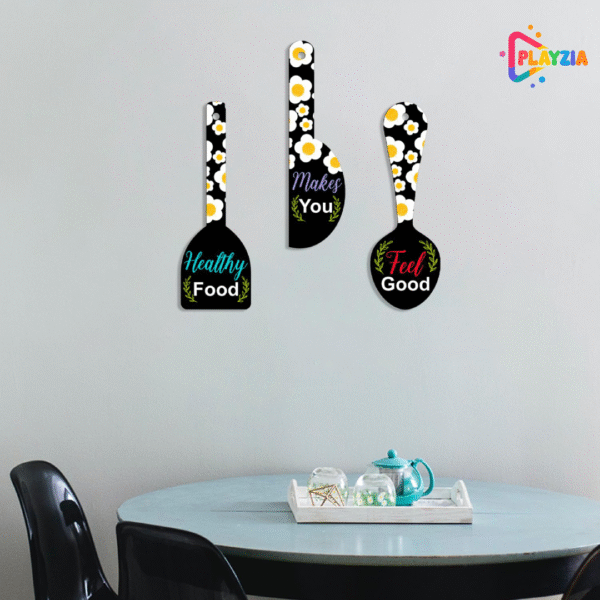 Playzia “Healthy Food Makes You Feel Happy” Wooden Wall Hangings | Kitchen Wall Décor for Dining Area & Living Room | Modern Decorative Wooden Spoon Art | Stylish Home Decoration Set of 3 (51 × 38 cm)