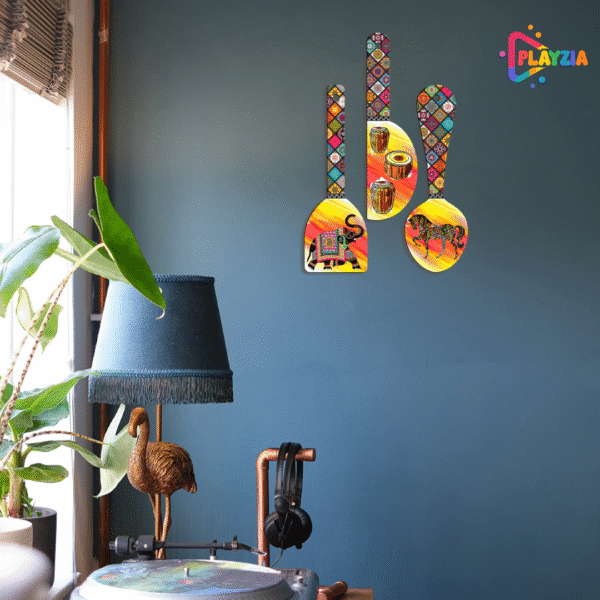 Playzia “Elephant Art” Wooden Wall Hangings | Ethnic Wall Décor for Living Room & Bedroom | Artistic Spoon Design | Stylish Modern Wooden Wall Decoration Set of 3 (51 × 38 cm)