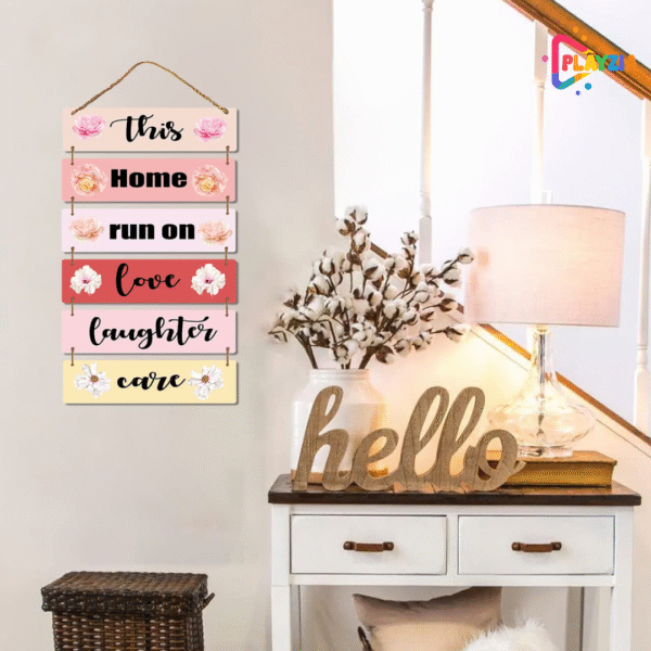 Playzia “This Home Runs On” Wooden Wall Hanging | Motivational Quote Wall Art for Living Room & Bedroom | 6-Layer Engraved MDF Design | Positive Decorative Wall Décor for Home & Office (30 × 10.5 × 2.6 Inch)