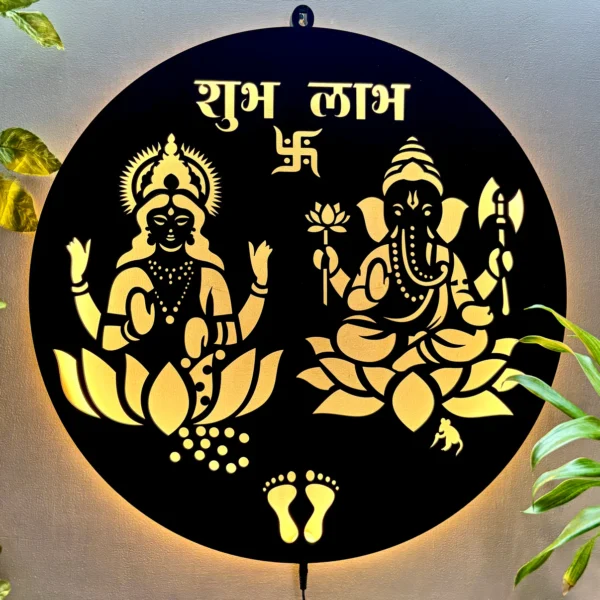 Playzia Ganesh Laxmi LED Wall Decor Light – Laser-Cut MDF Wooden Night Lamp (Matte Black Finish)