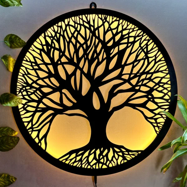 Playzia Tree Of Life LED Wall Decor Light – Laser-Cut MDF Wooden Night Lamp (Matte Black Finish)