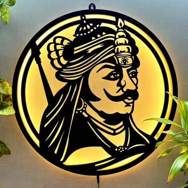 Playzia Maharana Pratap LED Wall Decor Light – Laser-Cut MDF Wooden Night Lamp (Matte Black Finish)