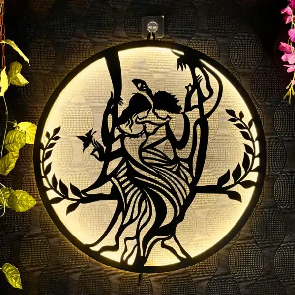 Playzia Radhe Krishna LED Wall Decor Light – Laser-Cut MDF Wooden Night Lamp (Matte Black Finish)